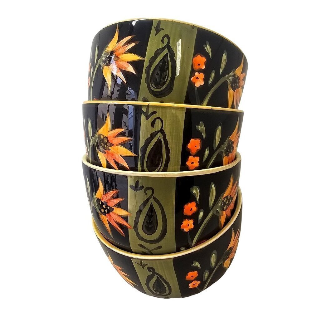 222 Fifth Arabian Flower Set 4 Ceramic Cereal Bowls Black Orange Green